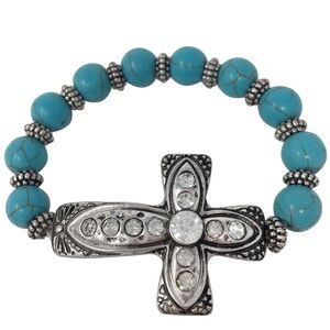 Sideways Cross Turquoise Beaded Christian Silver Tone Stretch Bracelet